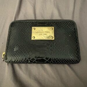 Michael Kors Black Snake-Embossed Zip Wallet with Gold Plate